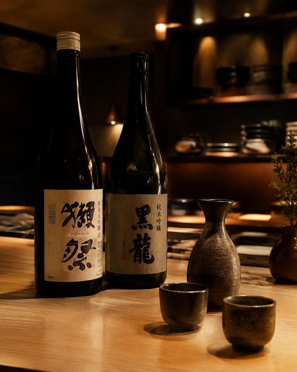 Botellas de sake japonés y tokkuri de cerámica en la barra de madera