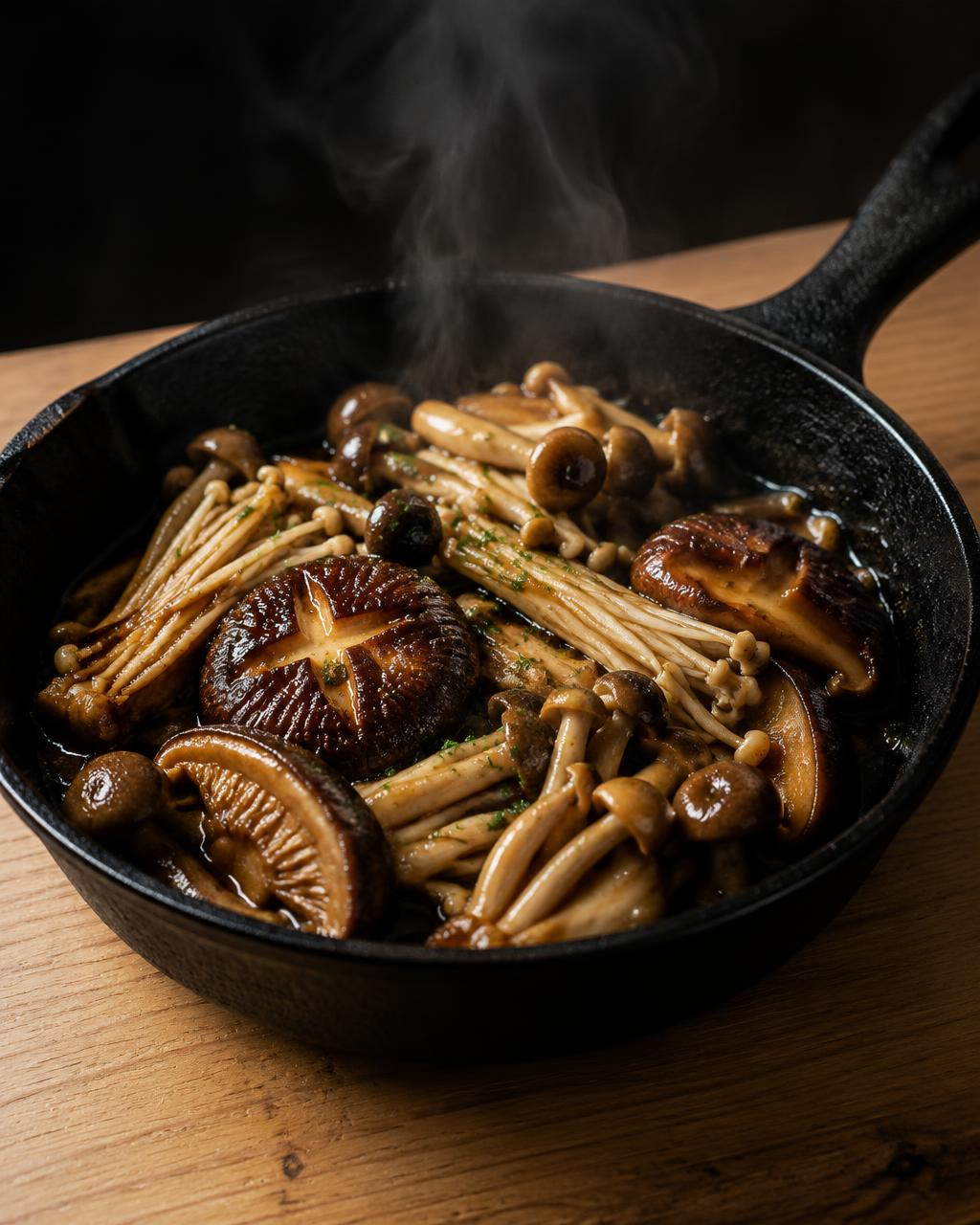 Setas japonesas shiitake, enoki y shimeji salteadas con soja, mantequilla y sake